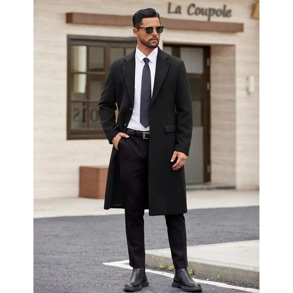 Men's Black Trench Coat Long Casual Notched Collar Wool Blend Pea coat